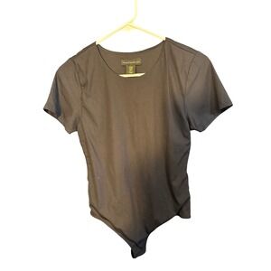 House of Harlow 1960 Ribbed Bodysuit Short Sleeve Crew Neck Brown Gray Womens M